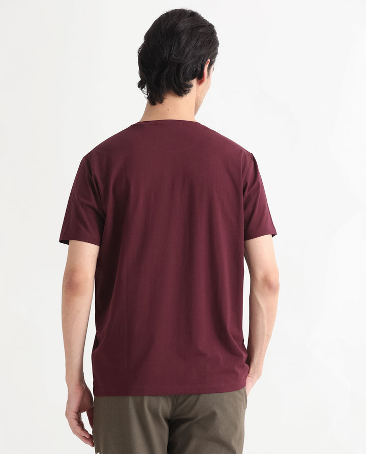 Rare Rabbit Men's Oval-1 Maroon Crew Neck Half Sleeves Regular Fit Twill HD Logo Print T-Shirt