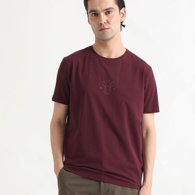Rare Rabbit Men's Oval-1 Maroon Crew Neck Half Sleeves Regular Fit Twill HD Logo Print T-Shirt