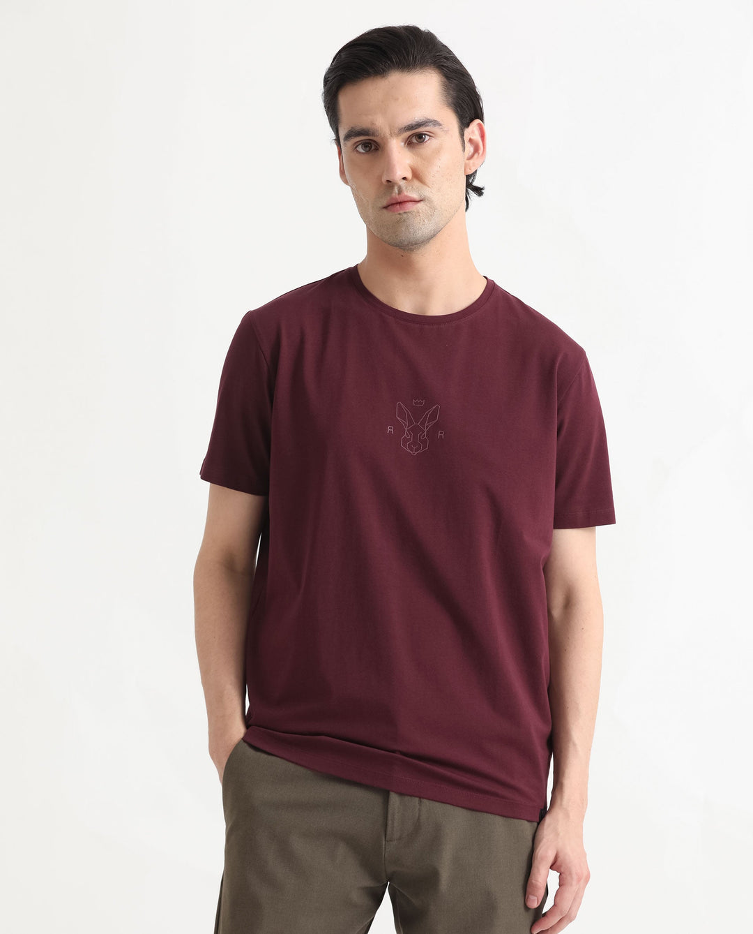 Rare Rabbit Men's Oval-1 Maroon Crew Neck Half Sleeves Regular Fit Twill HD Logo Print T-Shirt