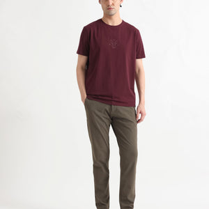 Rare Rabbit Men's Oval-1 Maroon Crew Neck Half Sleeves Regular Fit Twill HD Logo Print T-Shirt