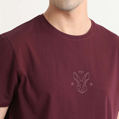 Rare Rabbit Men's Oval-1 Maroon Crew Neck Half Sleeves Regular Fit Twill HD Logo Print T-Shirt