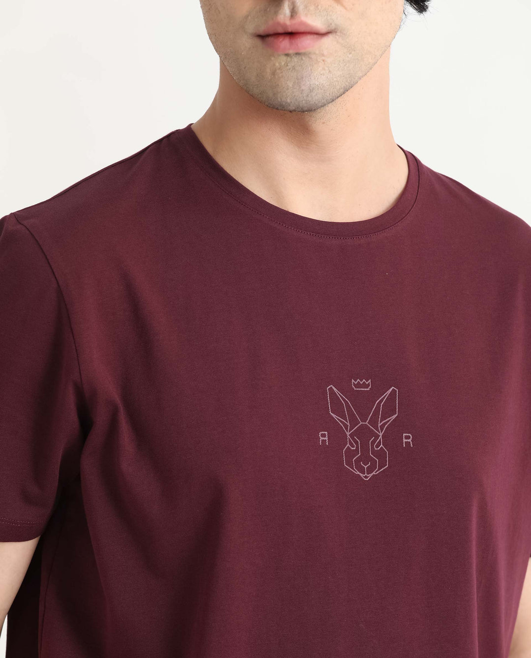 Rare Rabbit Men's Oval-1 Maroon Crew Neck Half Sleeves Regular Fit Twill HD Logo Print T-Shirt