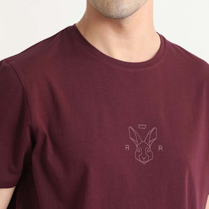 Rare Rabbit Men's Oval-1 Maroon Crew Neck Half Sleeves Regular Fit Twill HD Logo Print T-Shirt