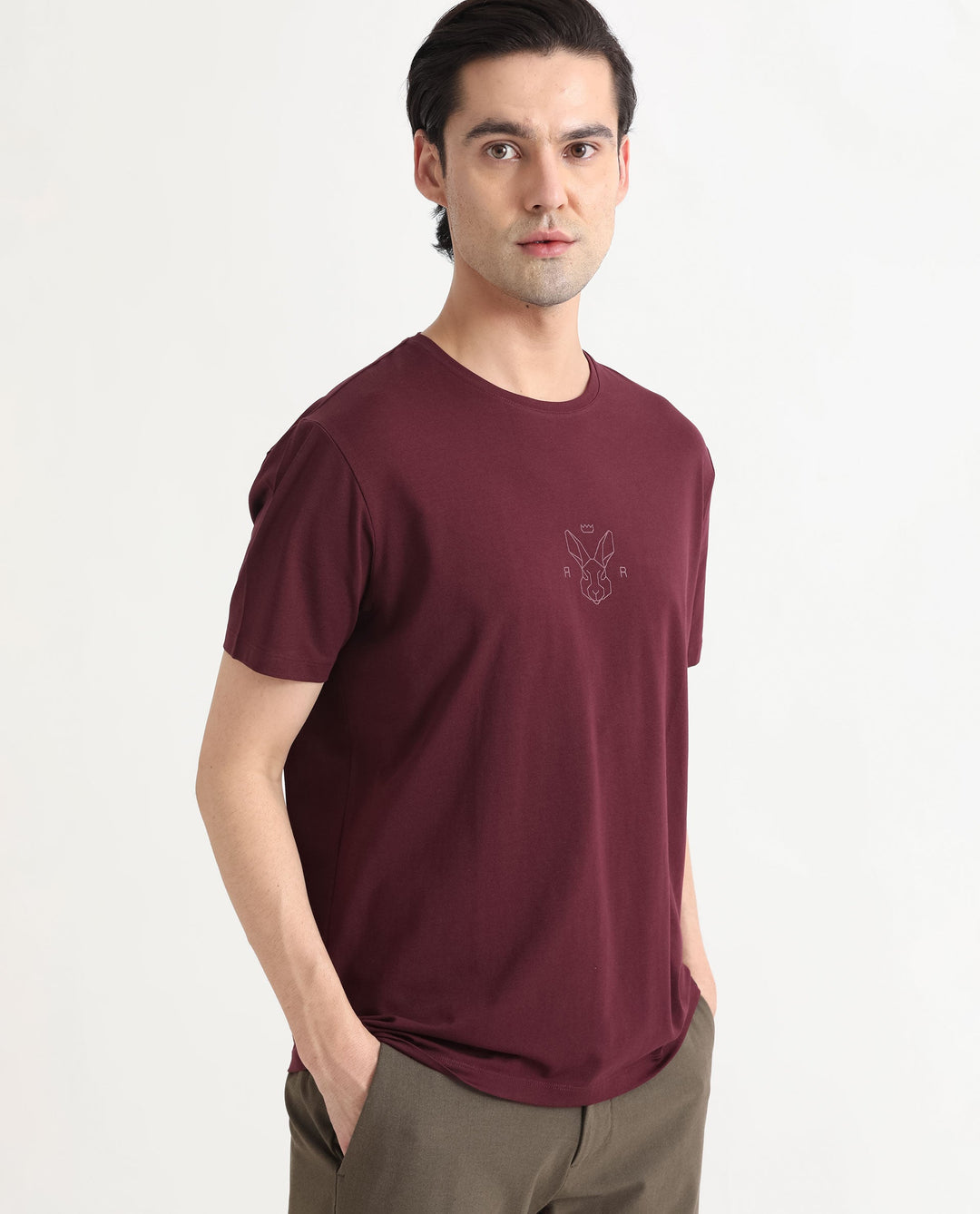 Rare Rabbit Men's Oval-1 Maroon Crew Neck Half Sleeves Regular Fit Twill HD Logo Print T-Shirt