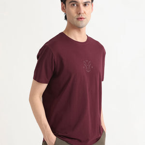 Rare Rabbit Men's Oval-1 Maroon Crew Neck Half Sleeves Regular Fit Twill HD Logo Print T-Shirt