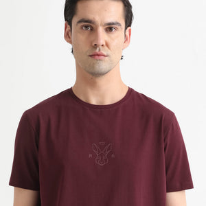 Rare Rabbit Men's Oval-1 Maroon Crew Neck Half Sleeves Regular Fit Twill HD Logo Print T-Shirt