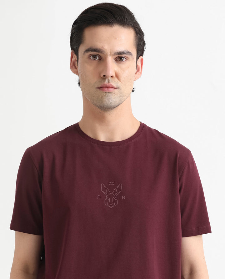 Rare Rabbit Men's Oval-1 Maroon Crew Neck Half Sleeves Regular Fit Twill HD Logo Print T-Shirt