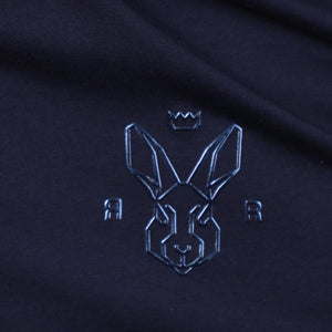 Rare Rabbit Men's Oval Navy Cotton Fabric Crew Neck Half Sleeves Slim Fit Logo Detailing Solid T-Shirt