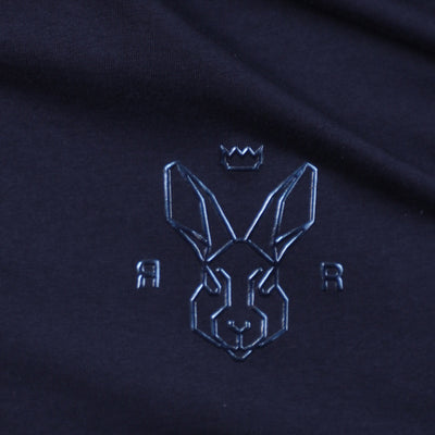 Rare Rabbit Men's Oval Navy Cotton Fabric Crew Neck Half Sleeves Slim Fit Logo Detailing Solid T-Shirt