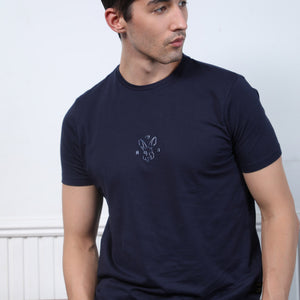 Rare Rabbit Men's Oval Navy Cotton Fabric Crew Neck Half Sleeves Slim Fit Logo Detailing Solid T-Shirt