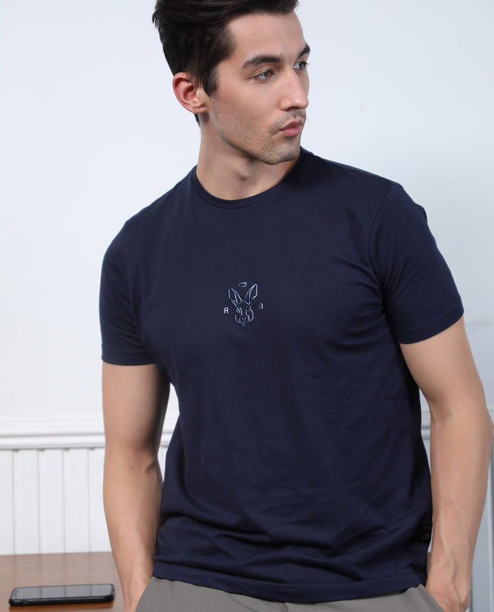 Rare Rabbit Men's Oval Navy Cotton Fabric Crew Neck Half Sleeves Slim Fit Logo Detailing Solid T-Shirt