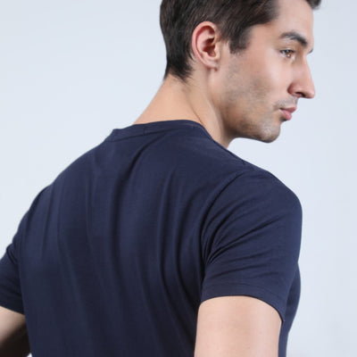 Rare Rabbit Men's Oval Navy Cotton Fabric Crew Neck Half Sleeves Slim Fit Logo Detailing Solid T-Shirt