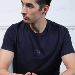 Rare Rabbit Men's Oval Navy Cotton Fabric Crew Neck Half Sleeves Slim Fit Logo Detailing Solid T-Shirt