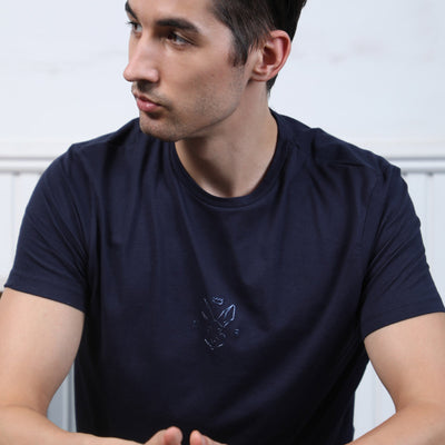 Rare Rabbit Men's Oval Navy Cotton Fabric Crew Neck Half Sleeves Slim Fit Logo Detailing Solid T-Shirt