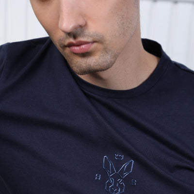 Rare Rabbit Men's Oval Navy Cotton Fabric Crew Neck Half Sleeves Slim Fit Logo Detailing Solid T-Shirt