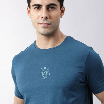 Rare Rabbit Men's Oval Petrol Cotton Fabric Crew Neck Half Sleeves Slim Fit Logo Detailing Solid T-Shirt