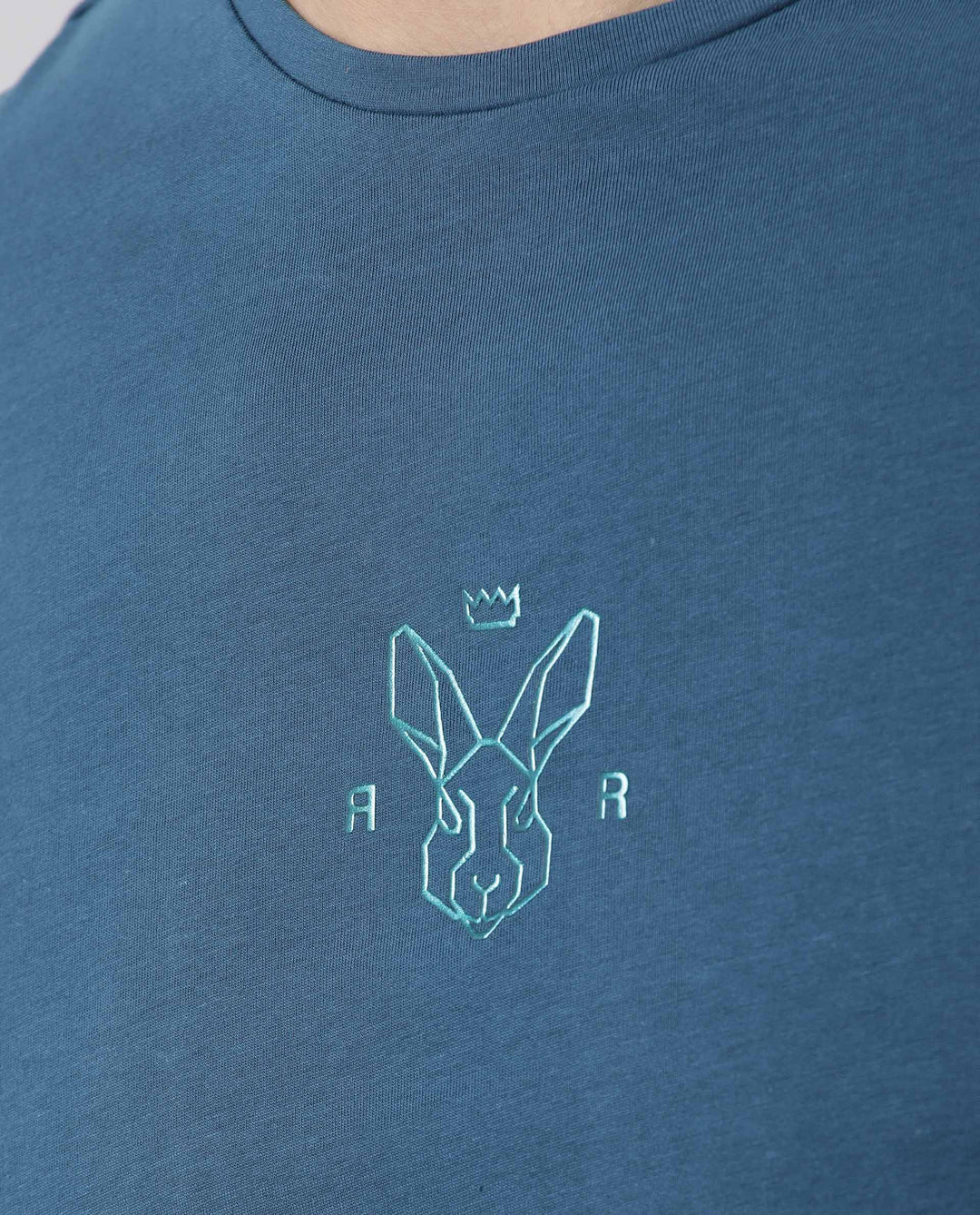 Rare Rabbit Men's Oval Petrol Cotton Fabric Crew Neck Half Sleeves Slim Fit Logo Detailing Solid T-Shirt