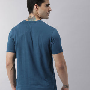 Rare Rabbit Men's Oval Petrol Cotton Fabric Crew Neck Half Sleeves Slim Fit Logo Detailing Solid T-Shirt