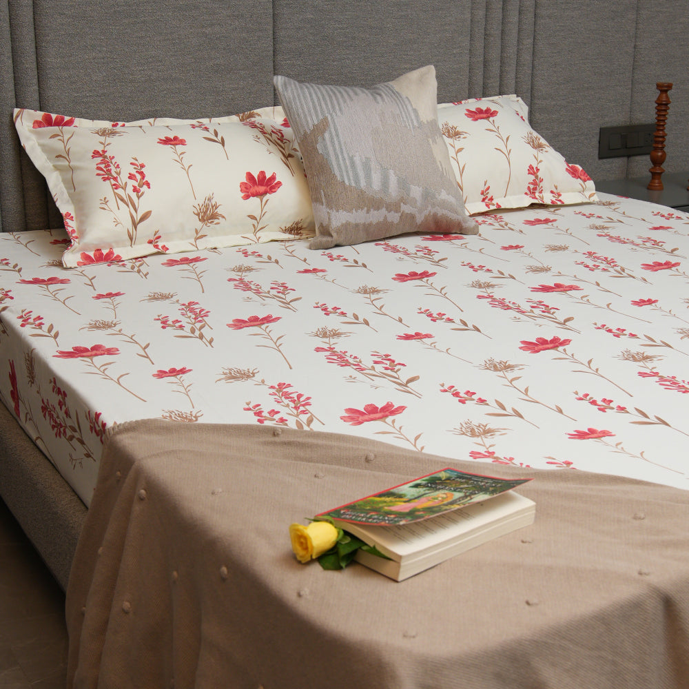 Fitted King Size Cotton Bedsheet - Orchid Blooms - Pink