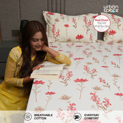 Serene 200 TC 100% Cotton Single Bedsheet with Pillow Covers - Orchid Blooms - Pink