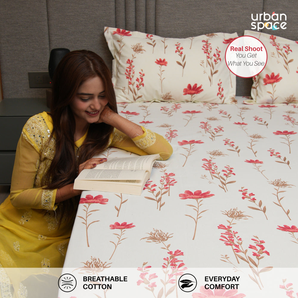 Serene 200 TC 100% Cotton Single Bedsheet with Pillow Covers - Orchid Blooms - Pink