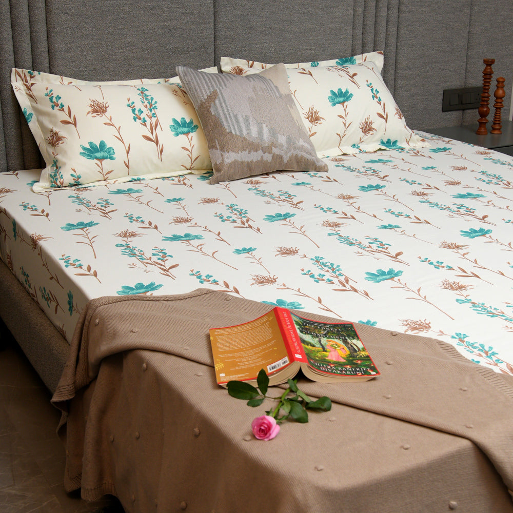Serene 200 TC 100% Cotton Single Bedsheet with Pillow Covers - Orchid Blooms - Turquoise