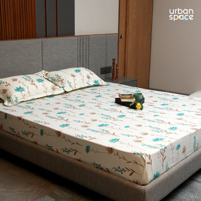 Serene 200 TC 100% Cotton Bedsheet with Pillow Covers - Orchid Blooms - Turquoise
