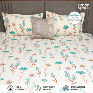 Serene 200 TC 100% Cotton Single Bedsheet with Pillow Covers - Orchid Blooms - Turquoise