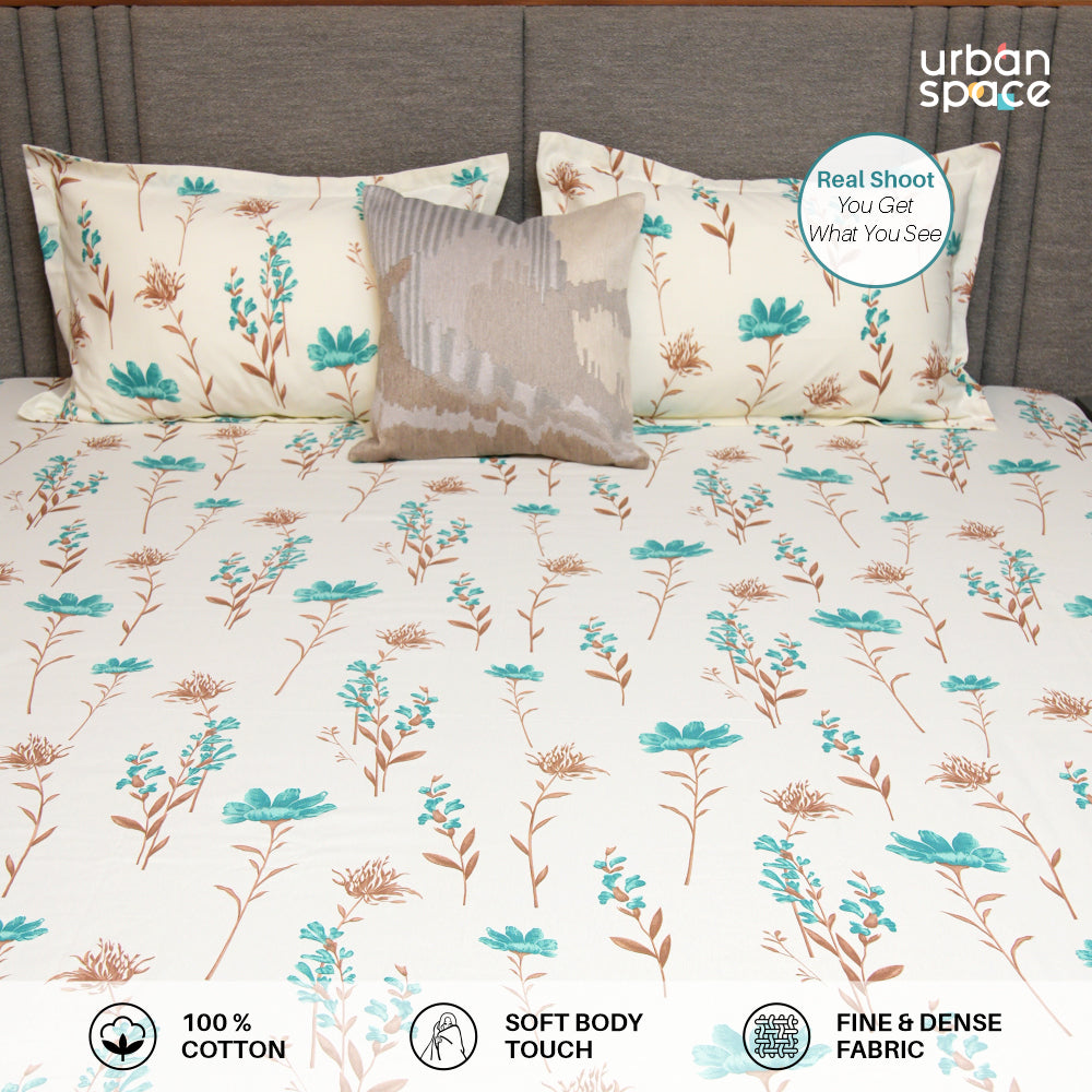 Serene 200 TC 100% Cotton Single Bedsheet with Pillow Covers - Orchid Blooms - Turquoise