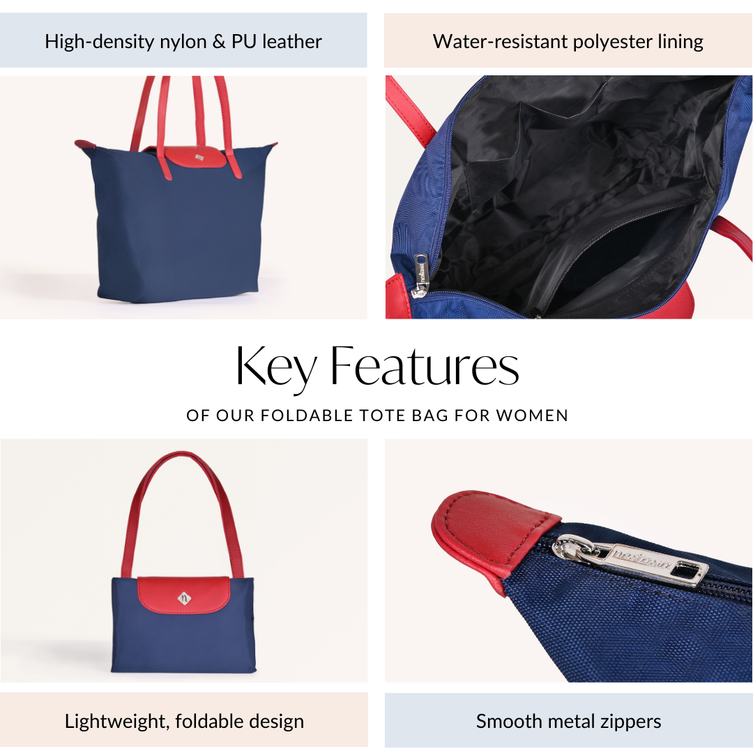 Origami Foldable Shoulder Tote Bag Navy Blue