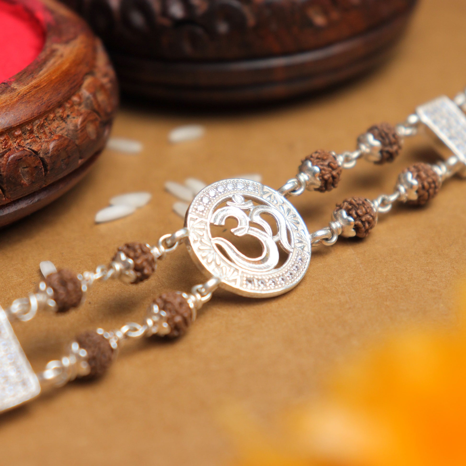 Silver Rakhi with Original Rudraksha, Central Om in Circular Sphere, Double Line Design for Men
