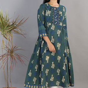 Indigo blue Bagru blockprinted gathered long kurti dress