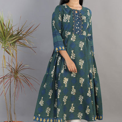 Indigo blue Bagru blockprinted gathered long kurti dress