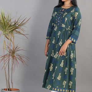Indigo blue Bagru blockprinted gathered long kurti dress