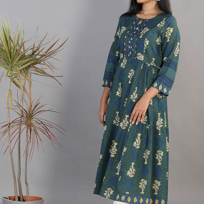 Indigo blue Bagru blockprinted gathered long kurti dress
