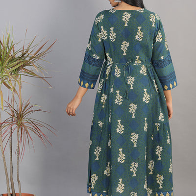 Indigo blue Bagru blockprinted gathered long kurti dress