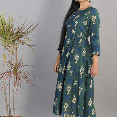 Indigo blue Bagru blockprinted gathered long kurti dress