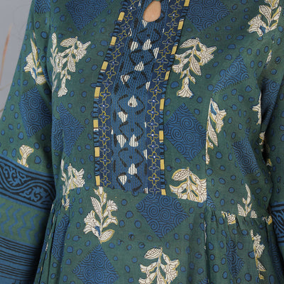 Indigo blue Bagru blockprinted gathered long kurti dress