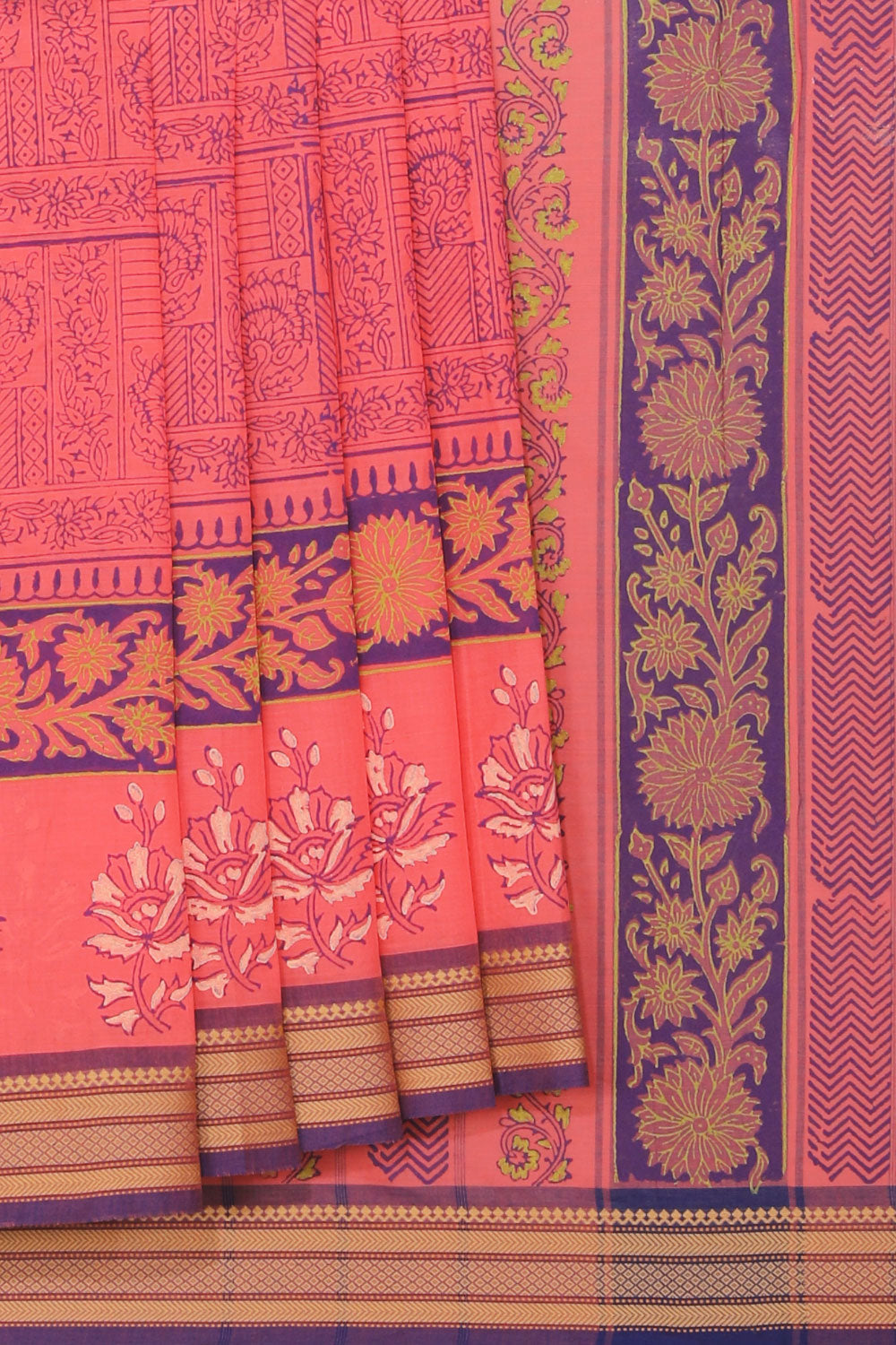 Hand block printed cotton saree