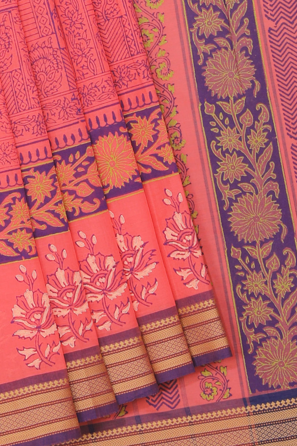 Hand block printed cotton saree