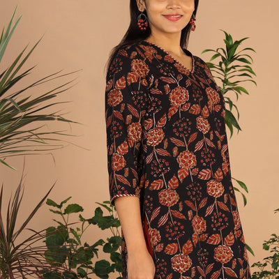 Deep black cotton bagru kurti