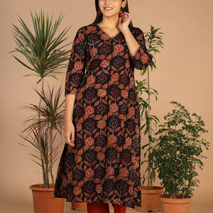 Deep black cotton bagru kurti