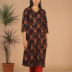 Deep black cotton bagru kurti