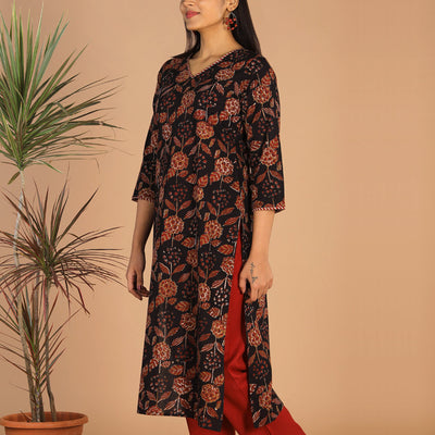 Deep black cotton bagru kurti