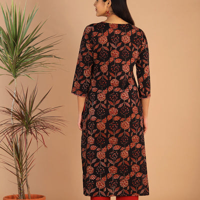 Deep black cotton bagru kurti