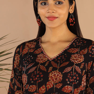 Deep black cotton bagru kurti