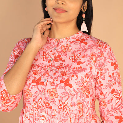 Floral Sanganeri hand block printed cotton dress