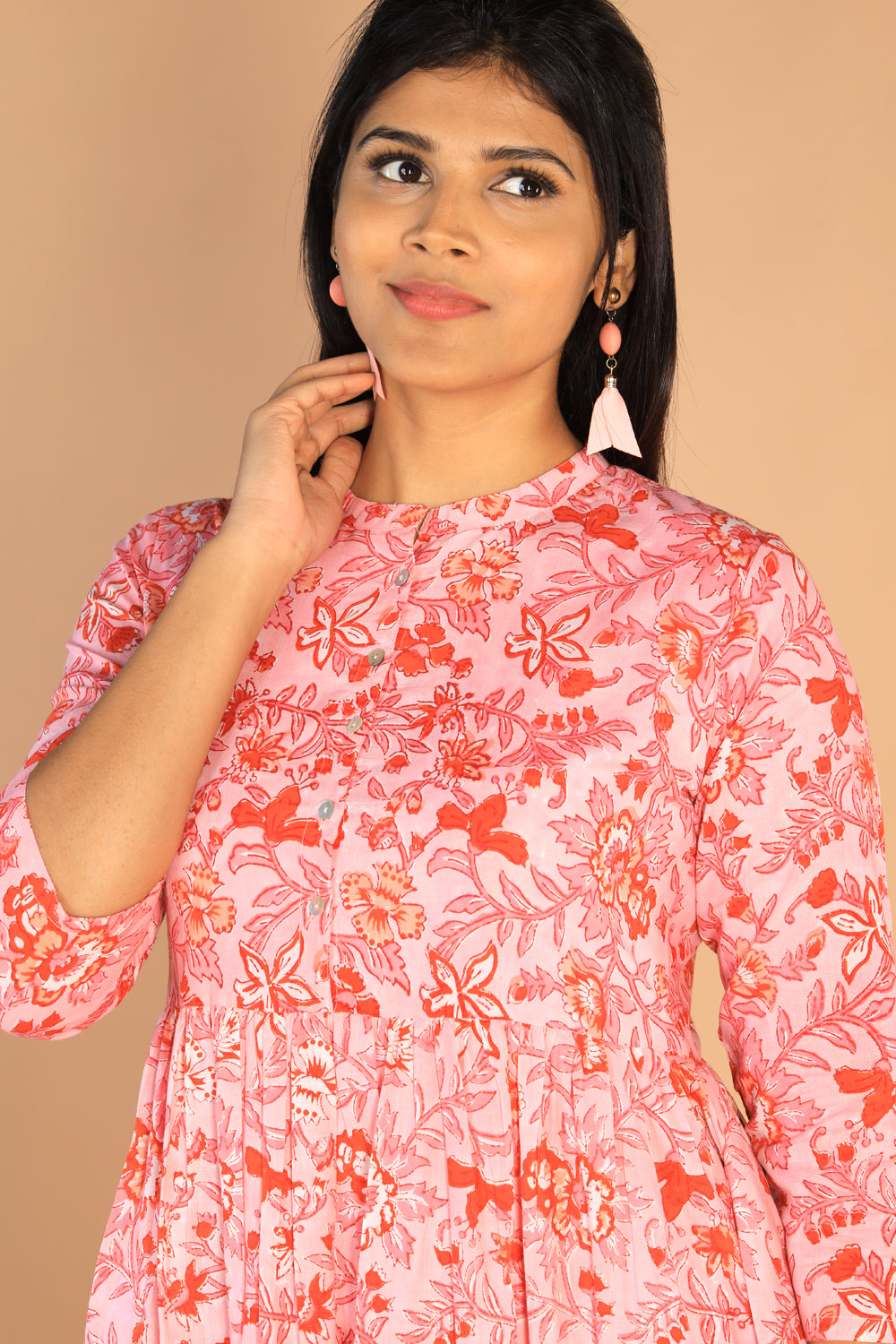 Floral Sanganeri hand block printed cotton dress