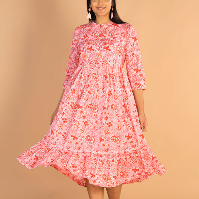 Floral Sanganeri hand block printed cotton dress