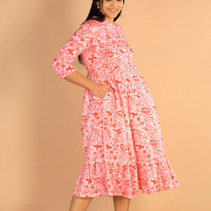 Floral Sanganeri hand block printed cotton dress